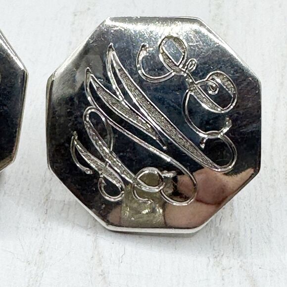 Vtg Sterling Monogram HEM Screw back Earrings Octagonal Signed CW Scrap Wear 10g - Picture 6 of 9